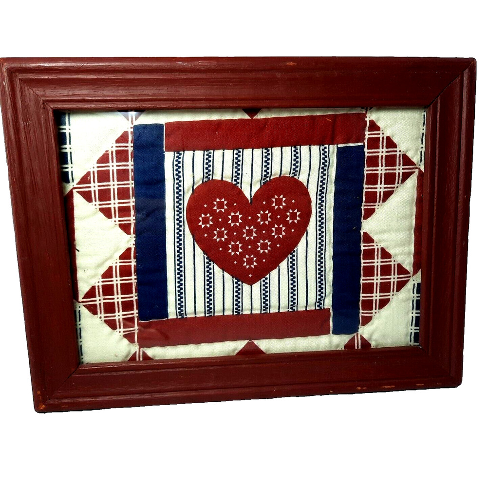 Vintage Patriotic Heart Quilt Square Sampler Art Hand Stitched Framed 6x8
